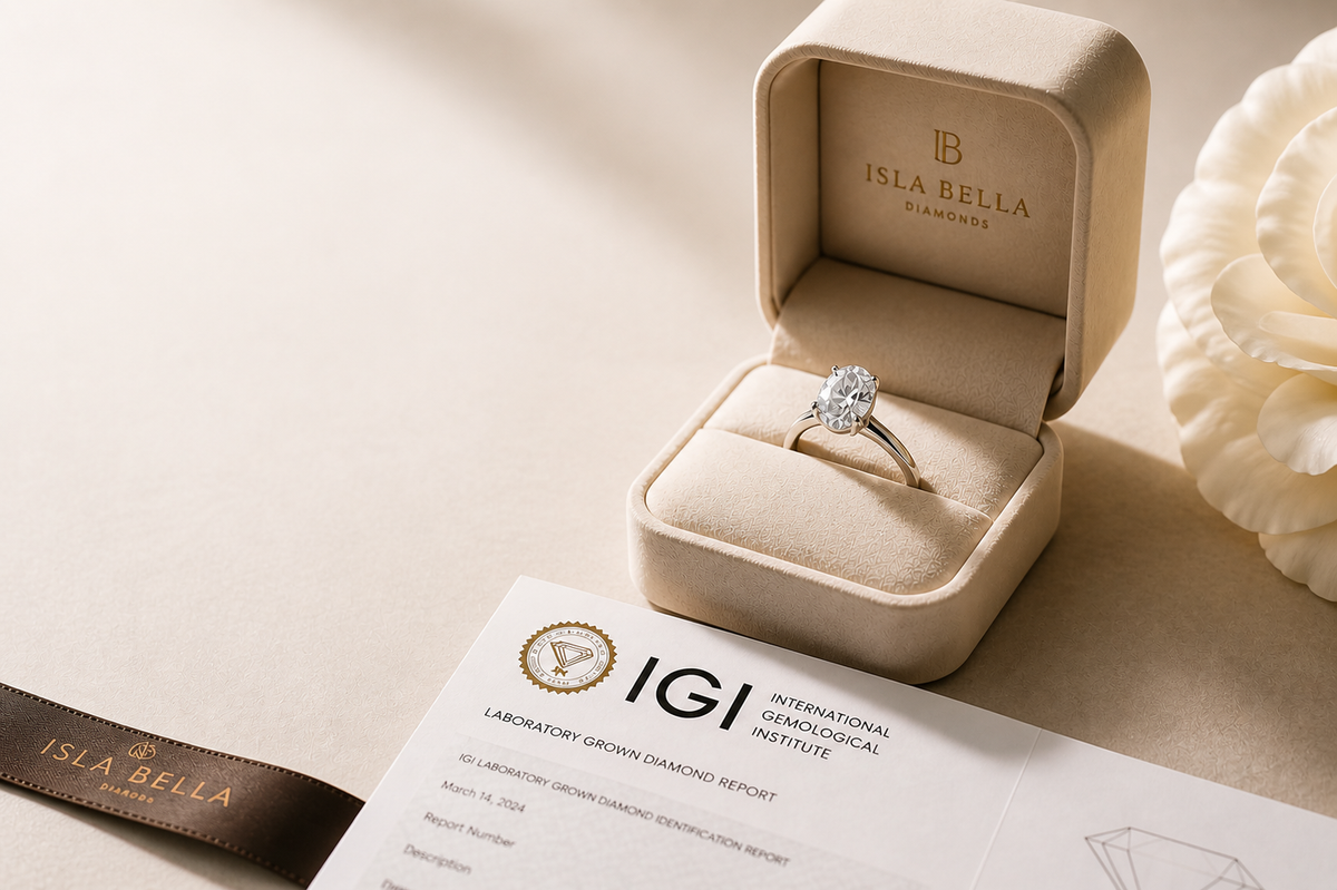 Open Isla Bella Diamonds ring box displaying an oval-cut solitaire engagement ring on a cream velvet cushion