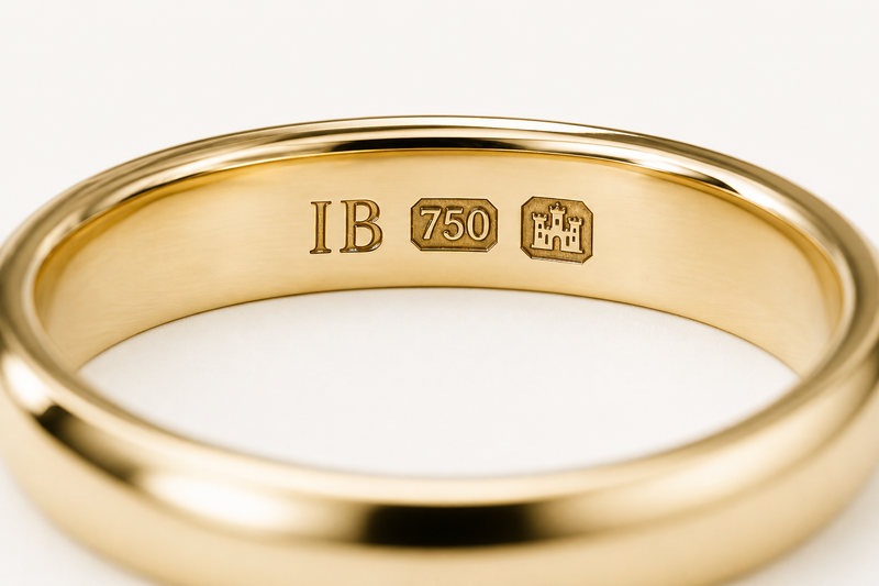 Close-up of Edinburgh Assay Office hallmark stamps on the inside of an 18k gold ring band, showing the IB maker's mark and 750 purity mark