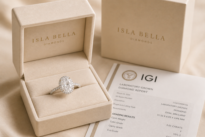 Isla Bella ring box containing an oval lab-grown diamond, photographed alongside its IGI laboratory grading report