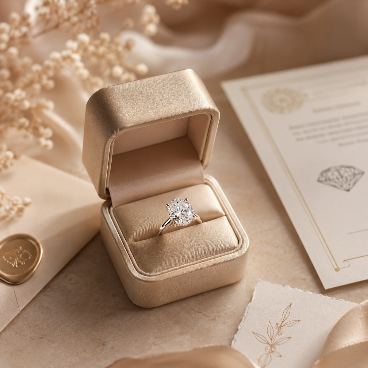 An Isla Bella oval solitaire engagement ring in an open champagne ring box, beside its diamond certificate and a wax seal.
