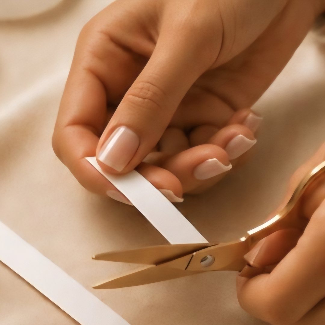 Cutting a thin paper strip with gold scissors to measure ring size at home