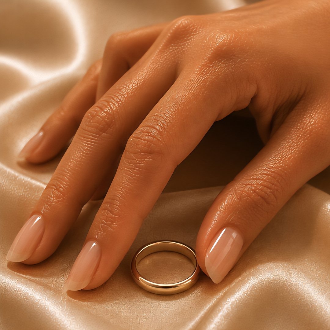 Hand on champagne silk beside a plain gold band, choosing a ring that already fits