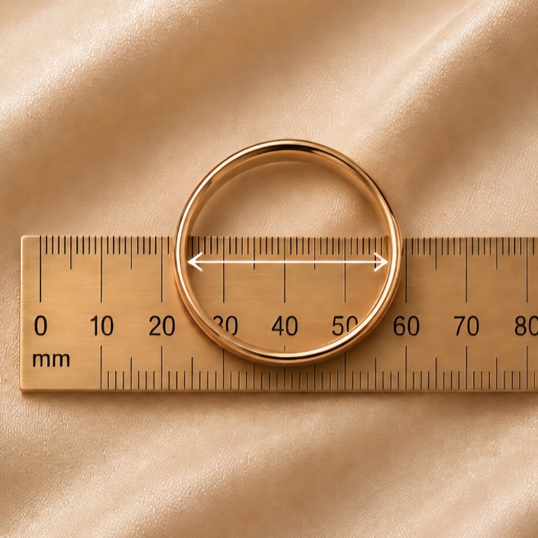 A plain gold ring on a ruler, measuring its inside diameter in millimetres